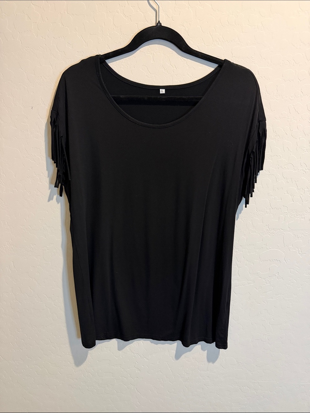 Black Short Sleeve Top with Fringe Sleeves